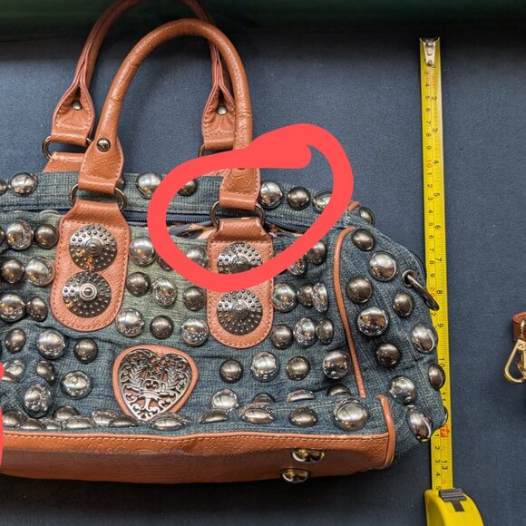 Studded Denim and brown tassel shoulder bag tote - Picture 7 of 8